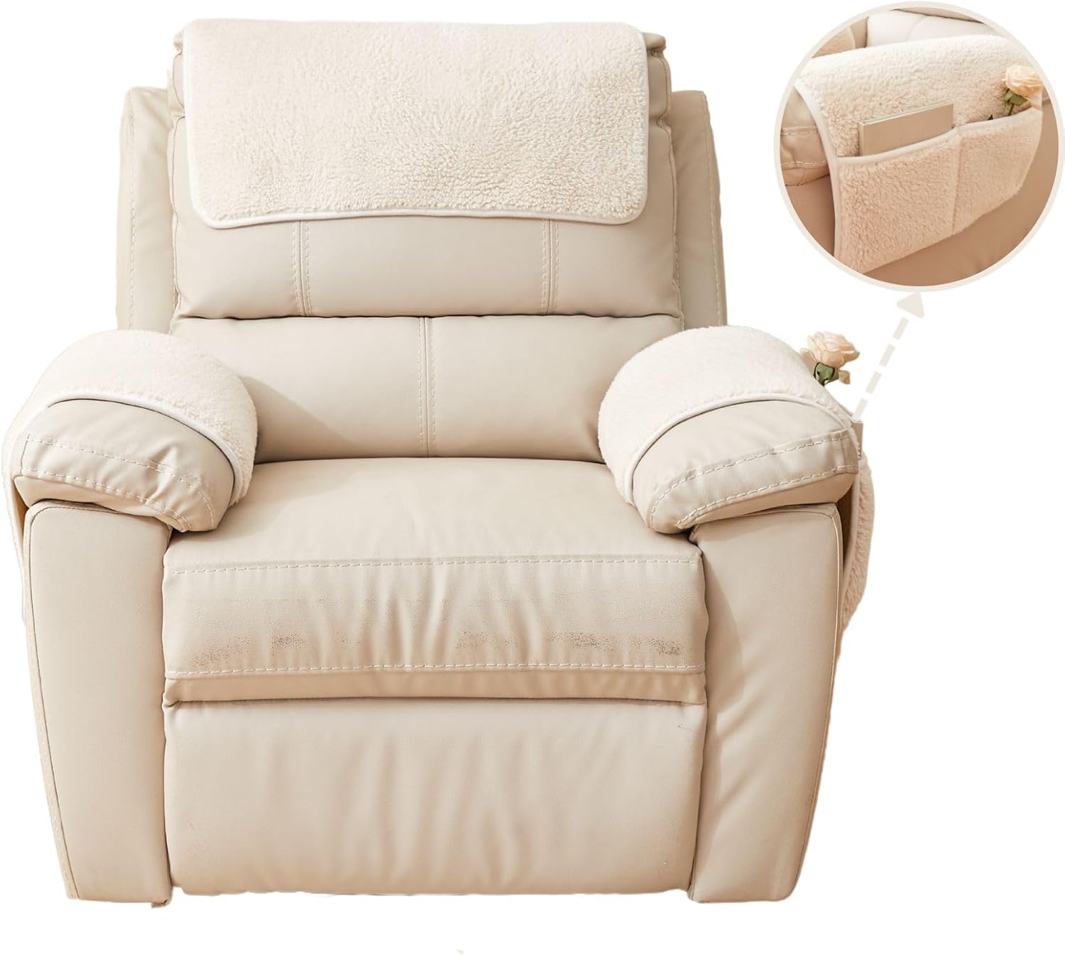 vctops 3 Pieces Sherpa Fleece Sofa Armrest Cover for Recliner Chair with Storage Pockets Non Slip Headrest Cover Fuzzy Couch Cover for Dogs Washable Furniture Protector (Cream, 1 Seat)