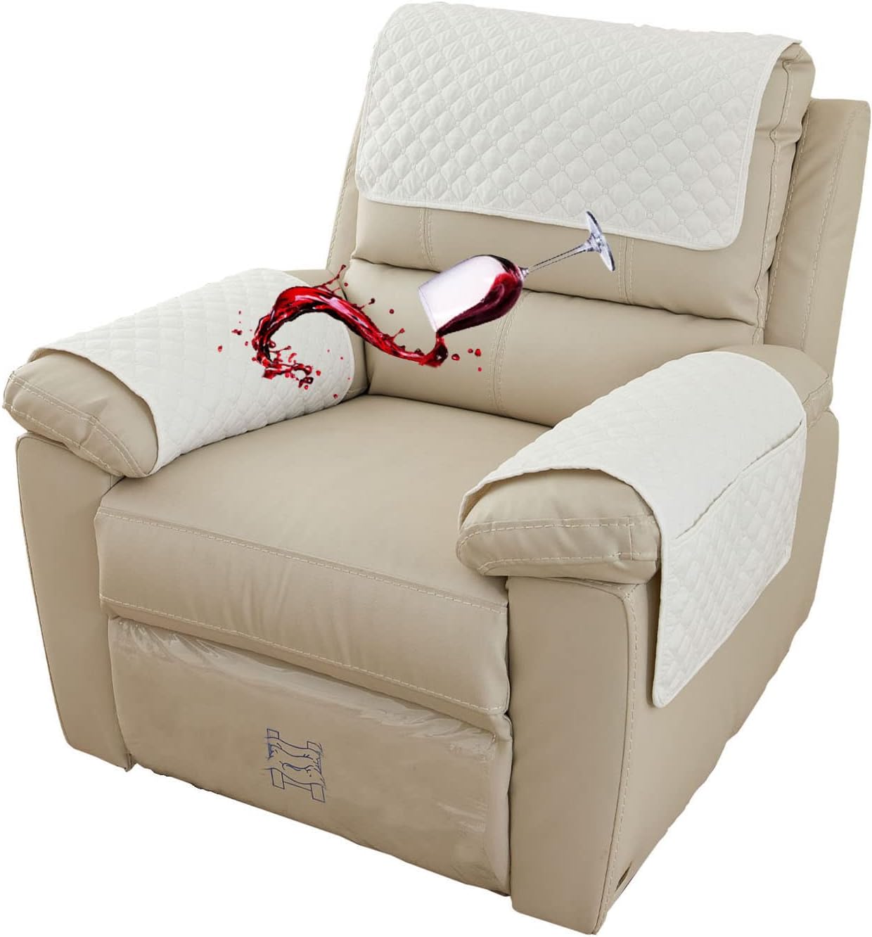 Waterproof Armchair Arm Cover 1 2 3 Seater Headrest Cover for Recliner Chair Anti-Slip Armchair Slipcover with Pockets Organiser Sofa Chair Arm Protector for Dog, Cat, Pets (Beige, 1 Seat 3 pc)